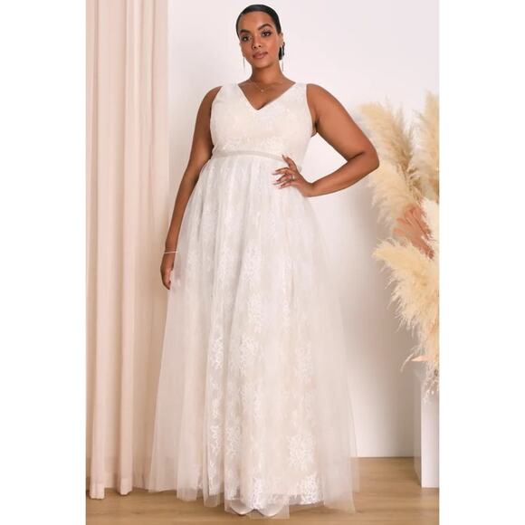 Lulu's Dresses & Skirts - NWT Lulu’s Sweet Love Ivory Lace Tulle Beaded Maxi Dress 1X Wedding